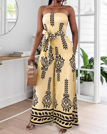 Tribal Print Bandeau Backless Tied Detail Wide Leg Jumpsuit Vacation Overall with Pocket